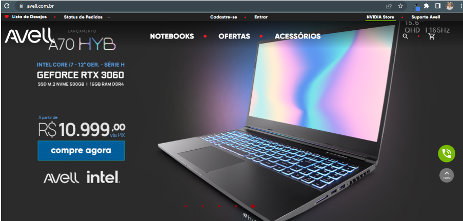 Tela do site da Avell para o notebool A70 HYB